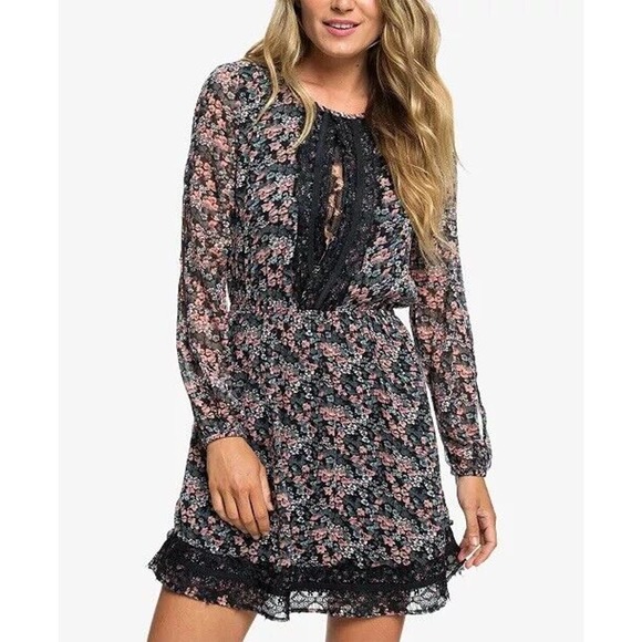 ROXY Dress Small‎ Black Floral Shirt Scoop Neck Long Slit Sleeve $69 (SC8) - Picture 1 of 16